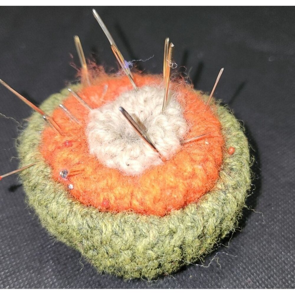 Vintage Handcrafted Crochet Pincushion W Needles Felt Base